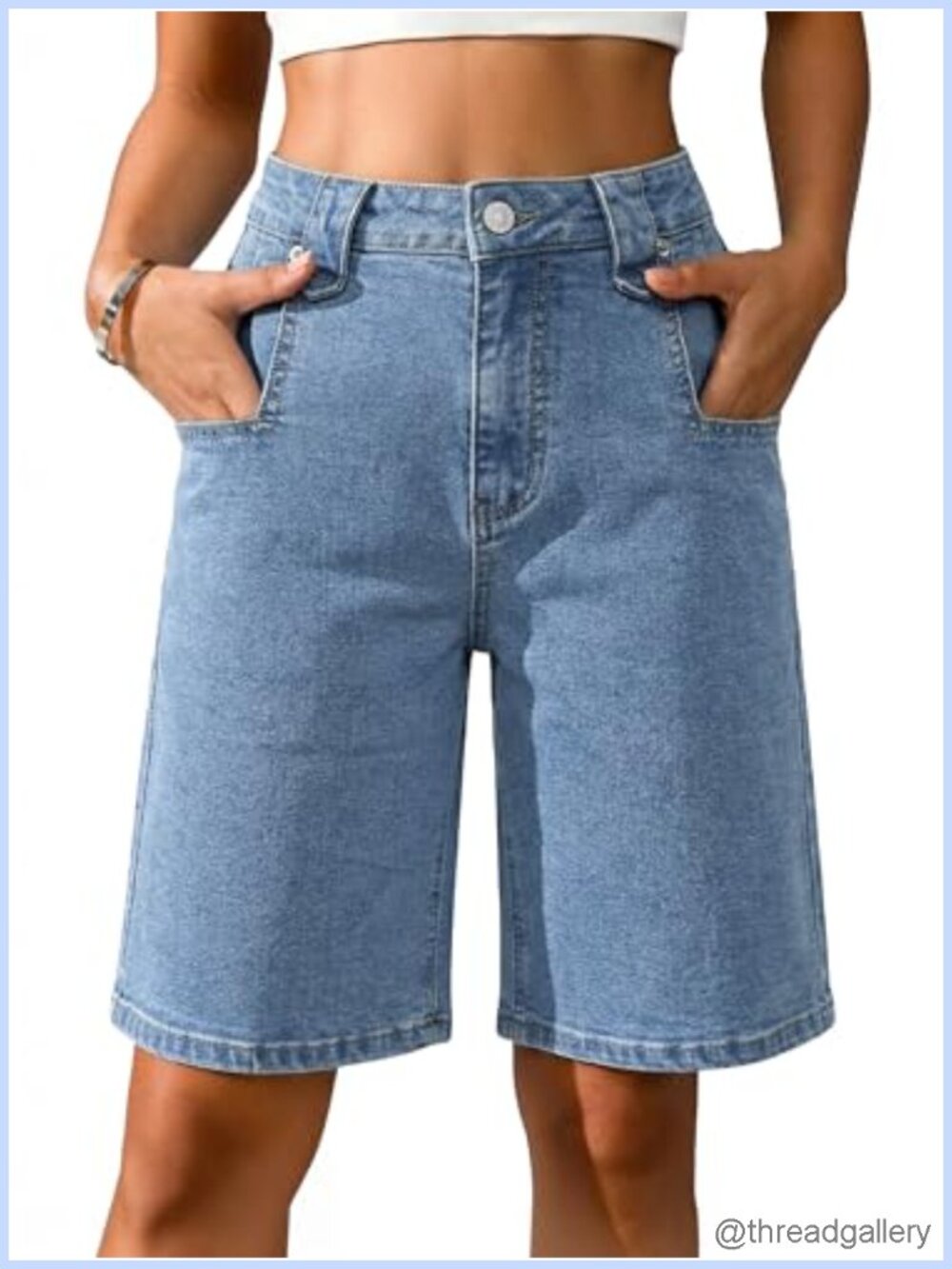 Women High Waist Stretch Bermuda Jean Shorts with Pockets Knee Length